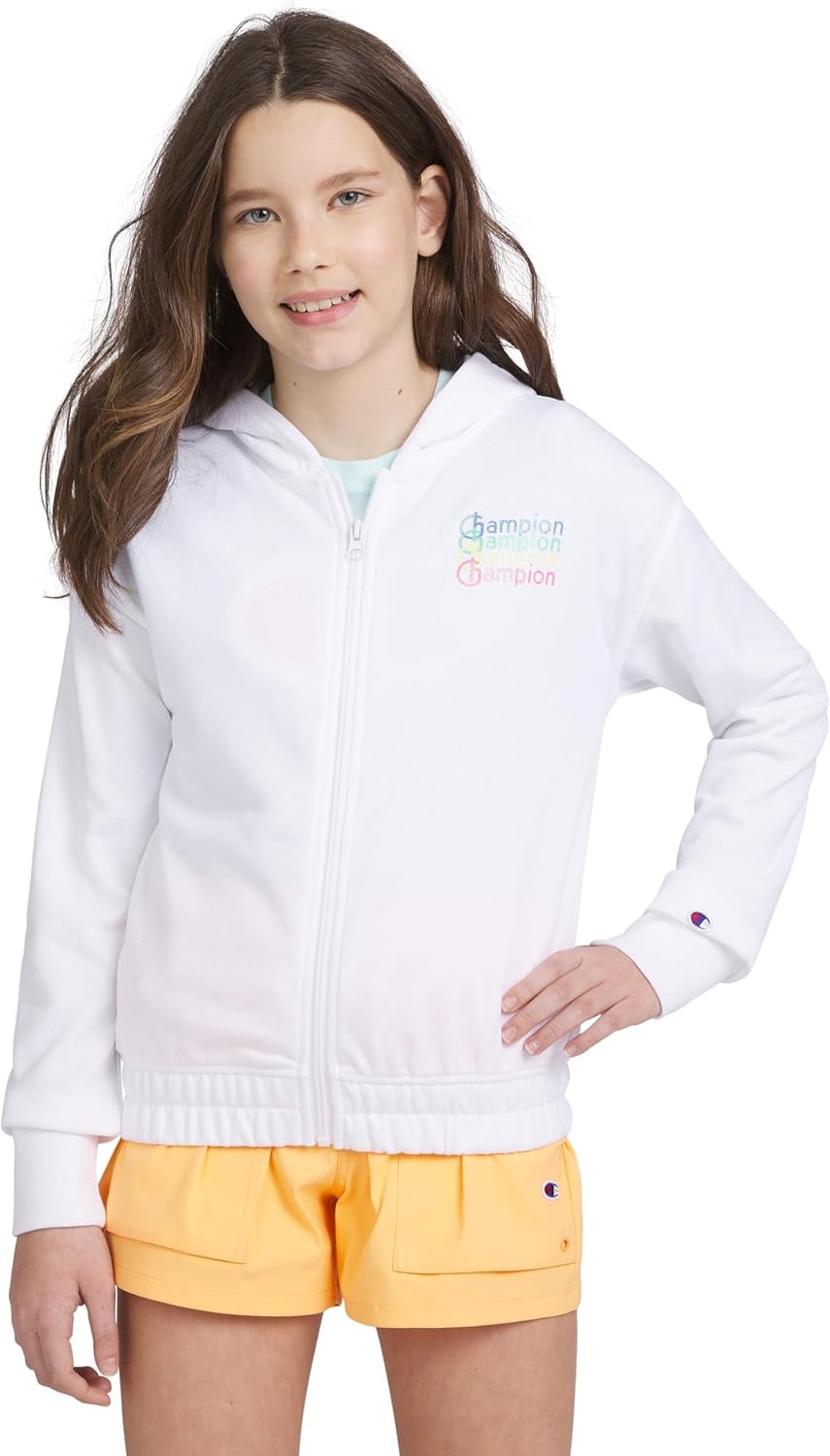 imageChampion Girls Athletic Zip Front Hoodie Sweatshirt for GirlsBright White Signature
