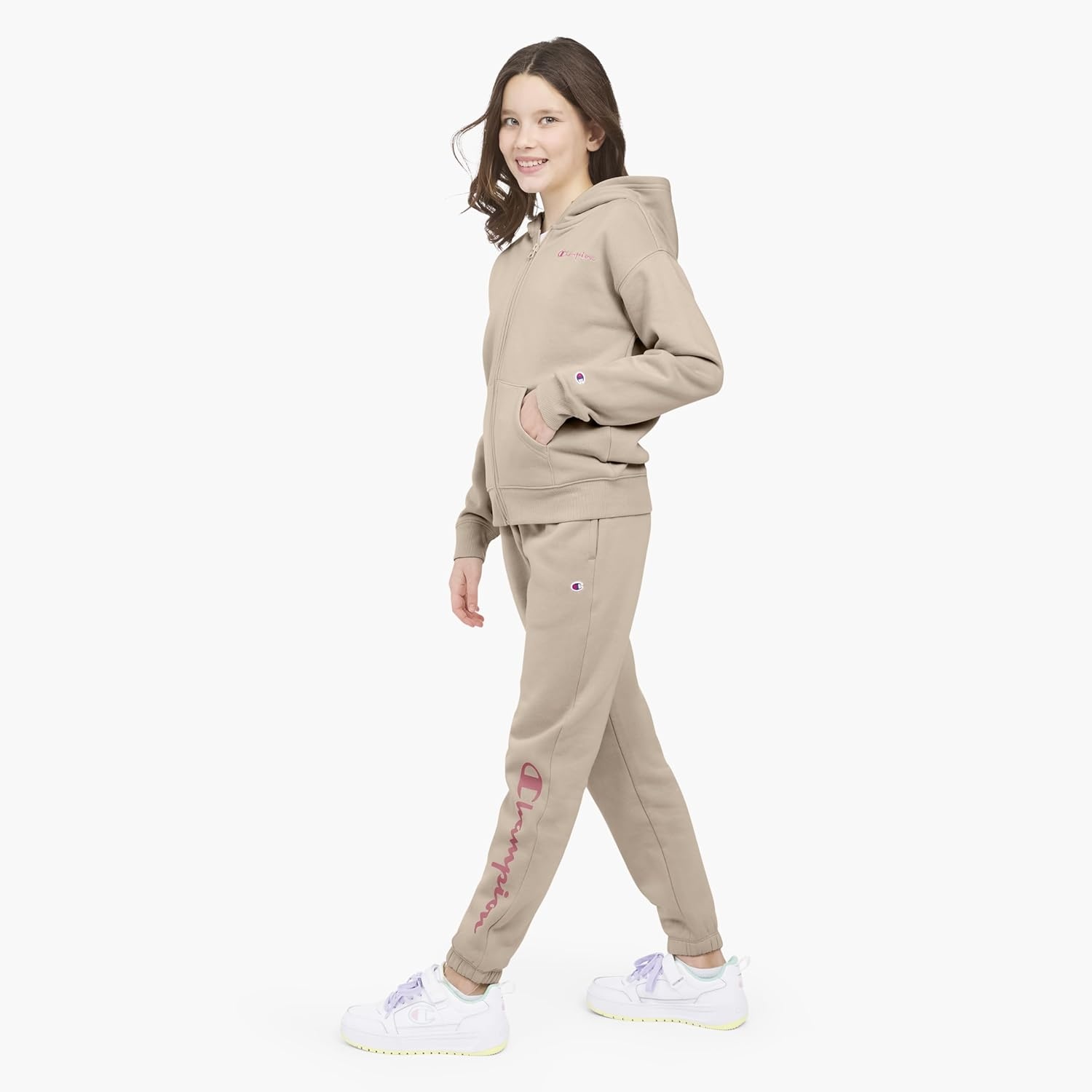 imageChampion Girls Athletic Zip Front Hoodie Sweatshirt for GirlsKhaki Signature
