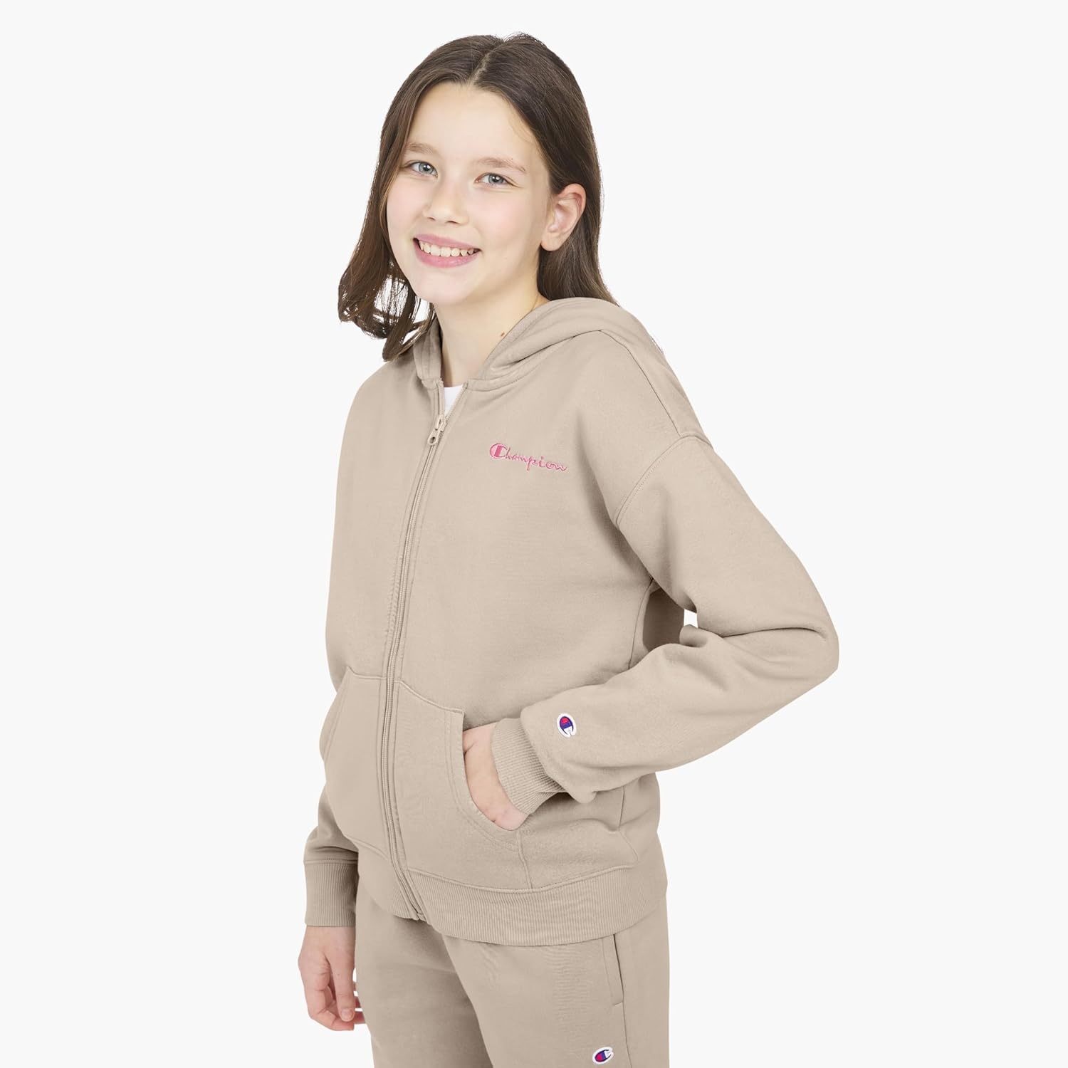 imageChampion Girls Athletic Zip Front Hoodie Sweatshirt for GirlsKhaki Signature