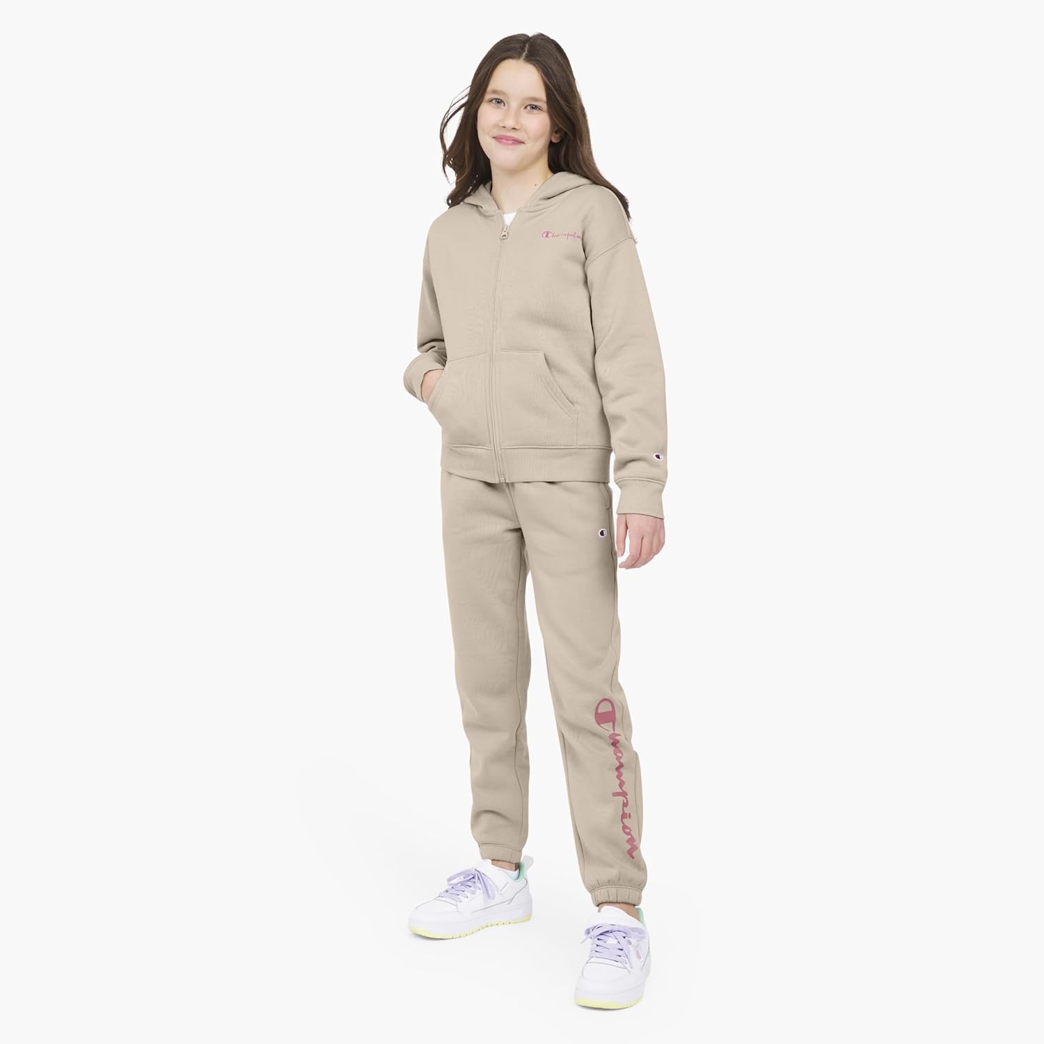 imageChampion Girls Athletic Zip Front Hoodie Sweatshirt for GirlsKhaki Signature