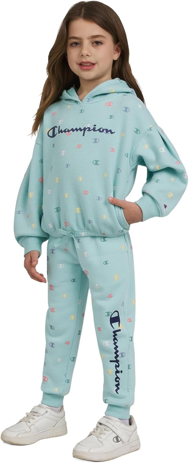 imageChampion Girls Hoodie and Sweatpant Set for Kids Athletic Fleece SweatsuitCanal Blue