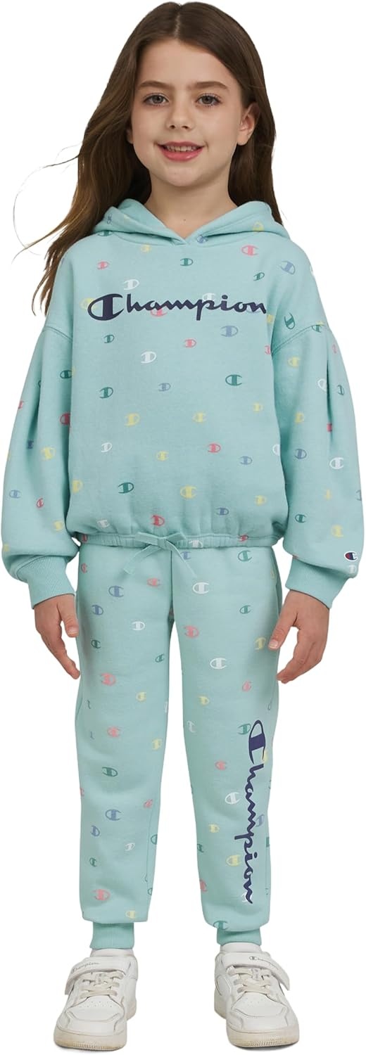 imageChampion Girls Hoodie and Sweatpant Set for Kids Athletic Fleece SweatsuitCanal Blue