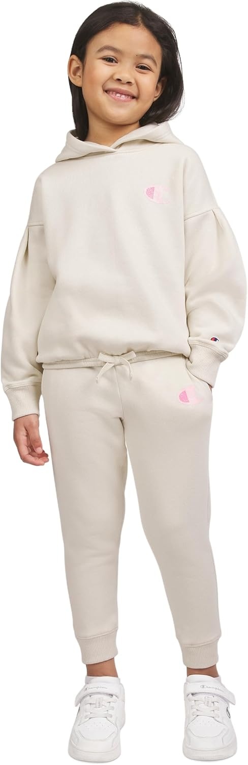 imageChampion Girls Hoodie and Sweatpant Set for Kids Athletic Fleece SweatsuitCream