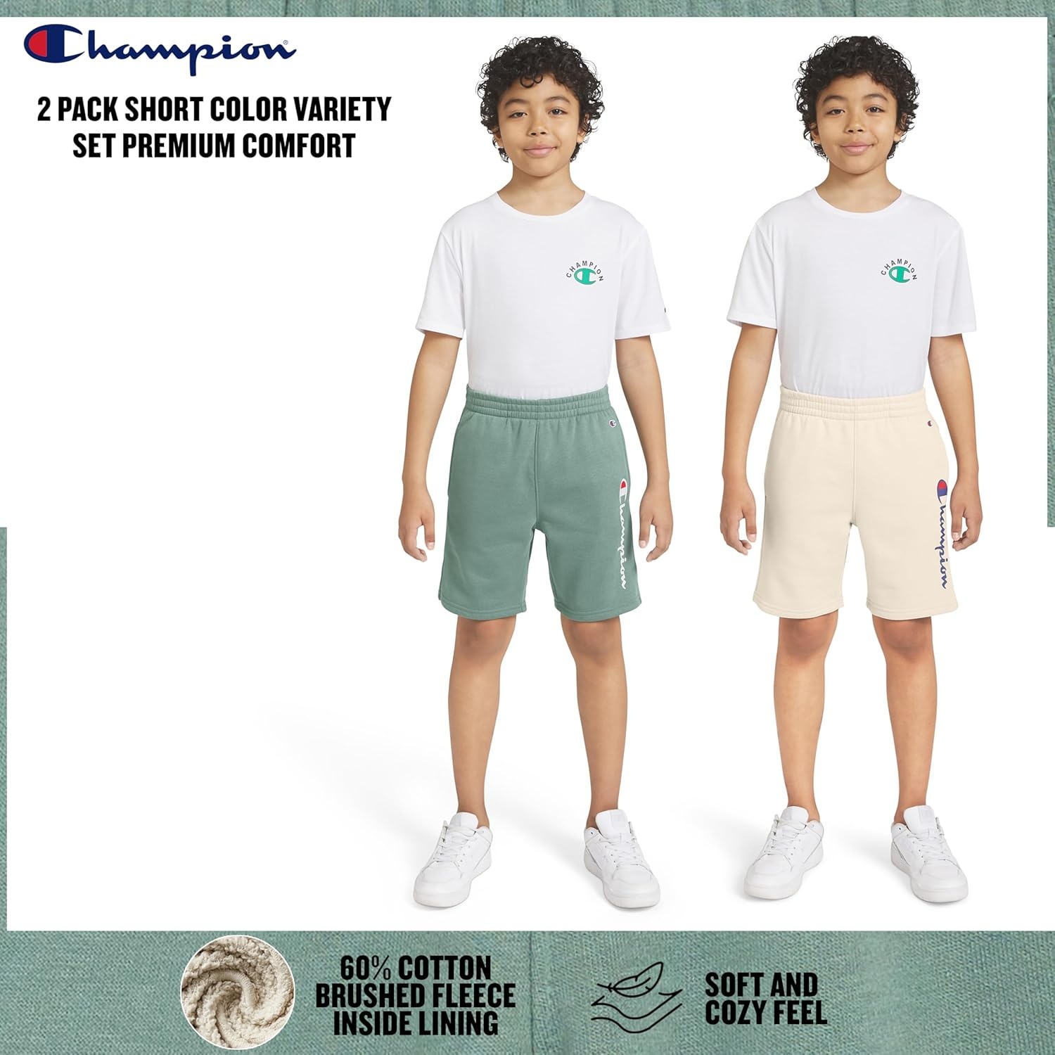 image:imageChampion Boys 2 Pack Signature Fleece Shorts for KidsKhakigreen