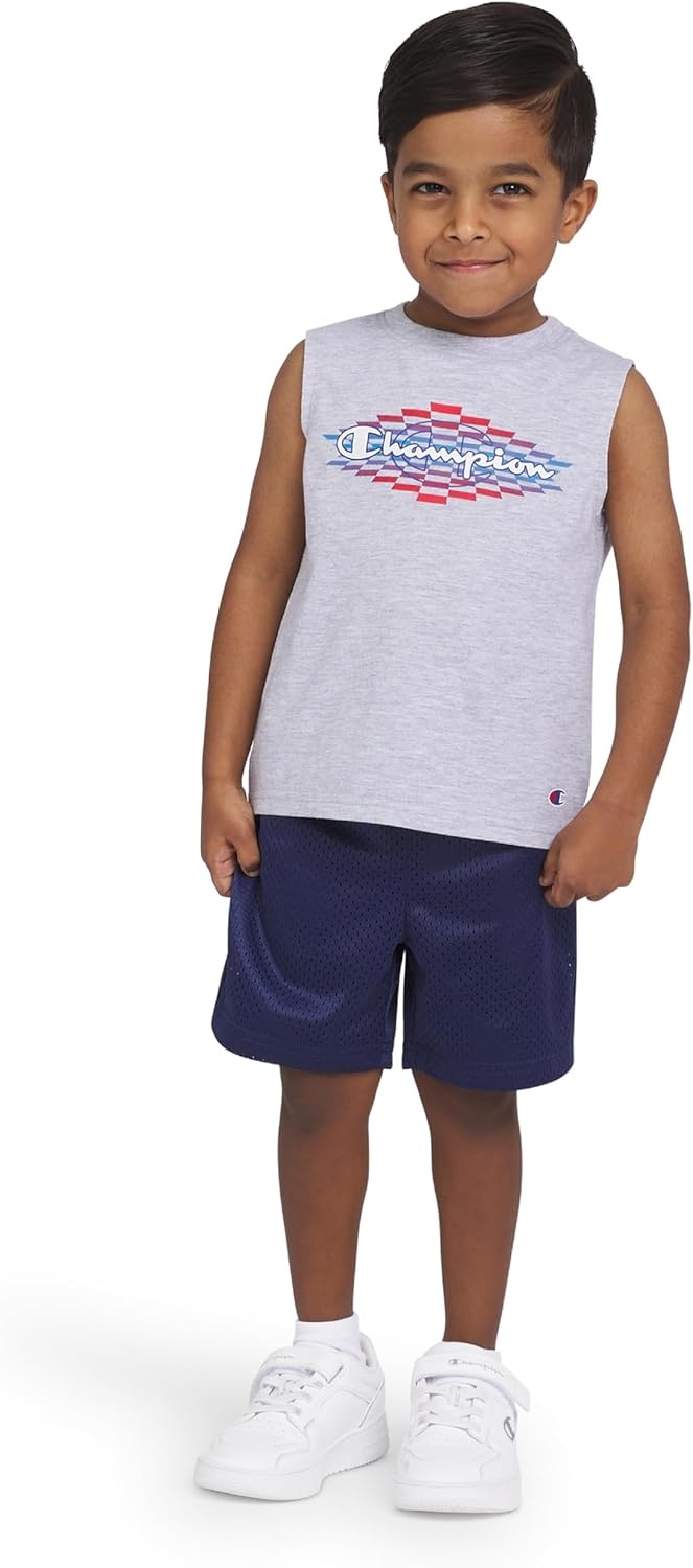 imageChampion Boys 2 Piece Short Sleeve Shirt and Mesh Shorts SetsNavy Bluegrey Heather