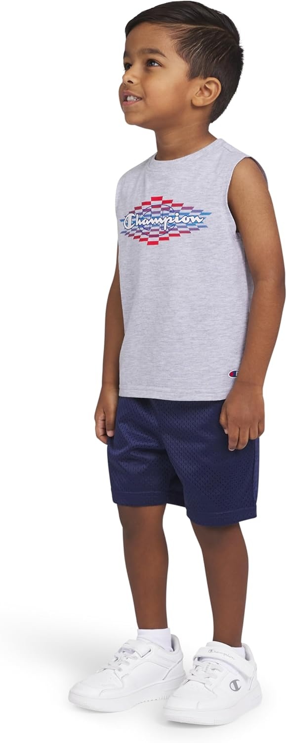 imageChampion Boys 2 Piece Short Sleeve Shirt and Mesh Shorts SetsNavy Bluegrey Heather