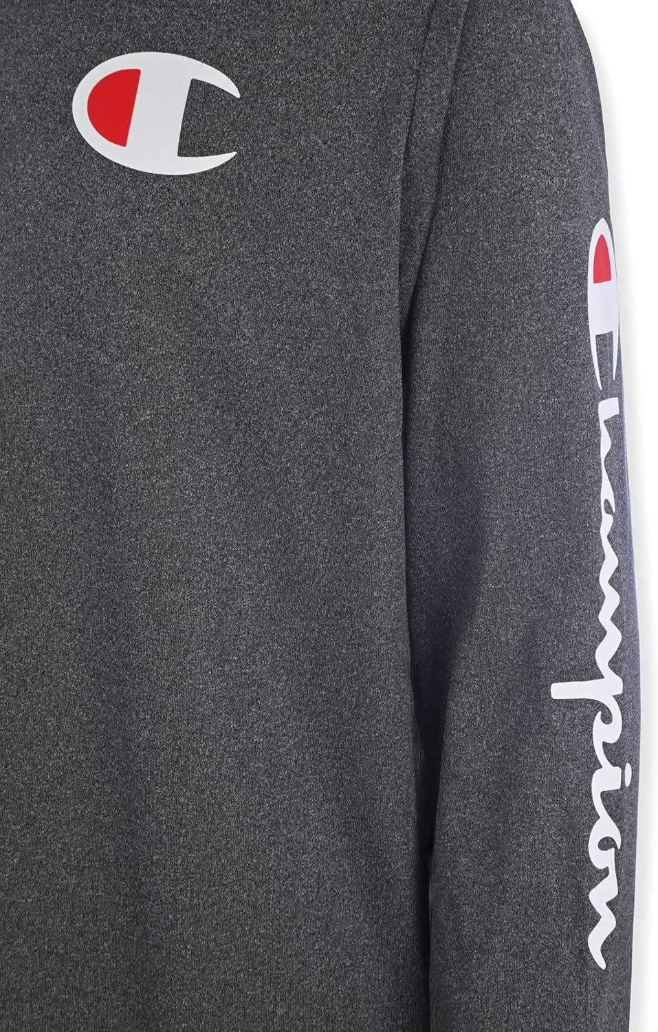 image:imageChampion Boys Long Sleeve Hooded Tee Shirt Lightweight Tech Fabric Athletic TShirt for KidsCharcoal Heather
