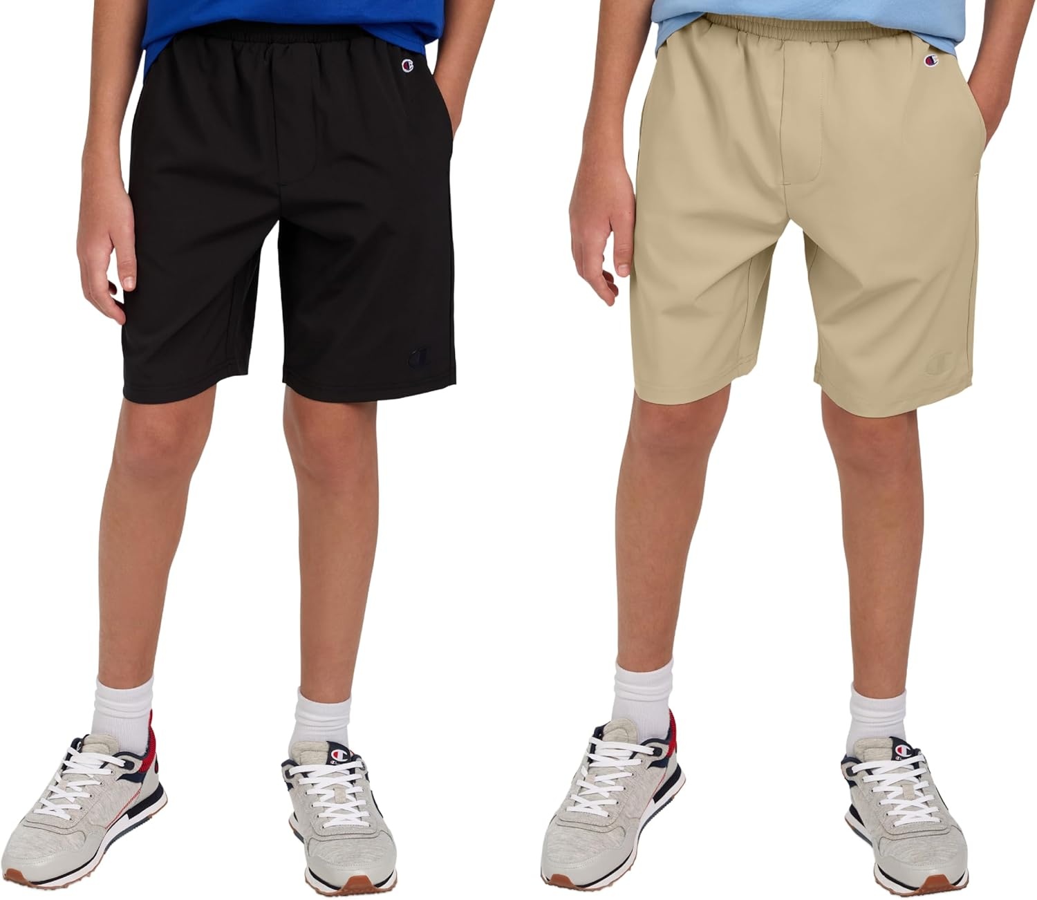 image:imageChampion Boys Shorts for Kids Athletic 2 Pack Lightweight Hybrid ShortKhakiblack
