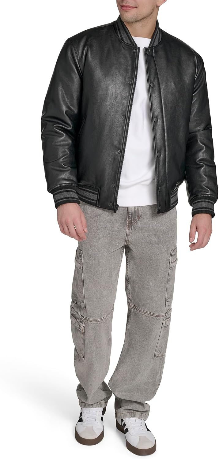 image:imageChampion Mens Letterman Varsity Bomber Jacket With PatchesBlack Faux Leather