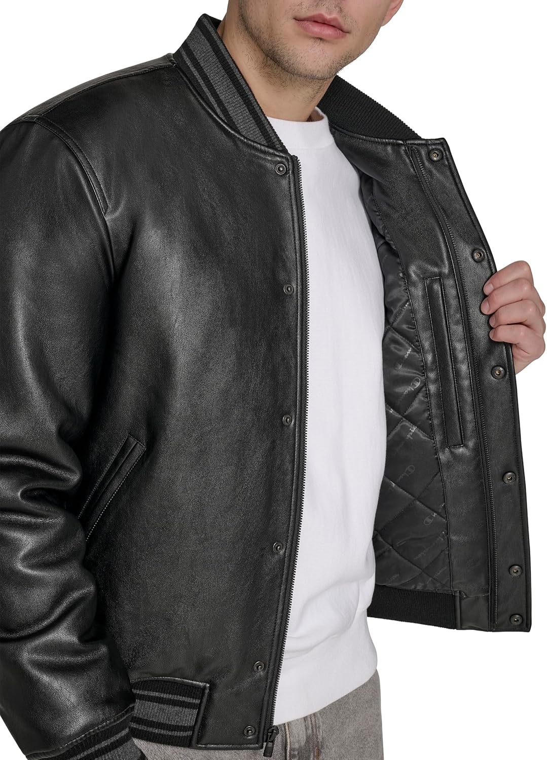 image:imageChampion Mens Letterman Varsity Bomber Jacket With PatchesBlack Faux Leather