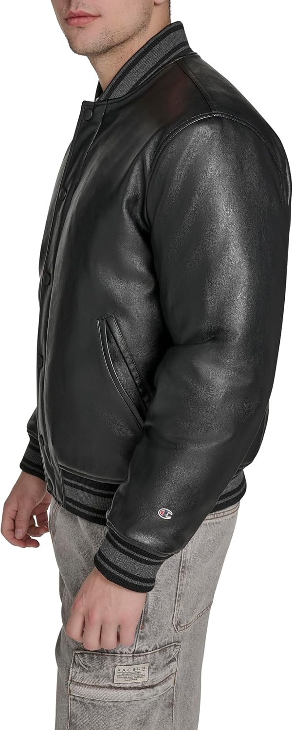 image:imageChampion Mens Letterman Varsity Bomber Jacket With PatchesBlack Faux Leather