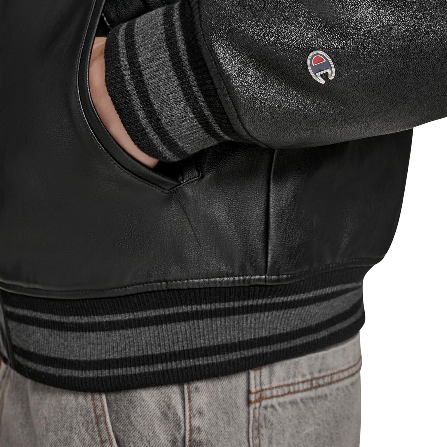 image:imageChampion Mens Letterman Varsity Bomber Jacket With PatchesBlack Faux Leather