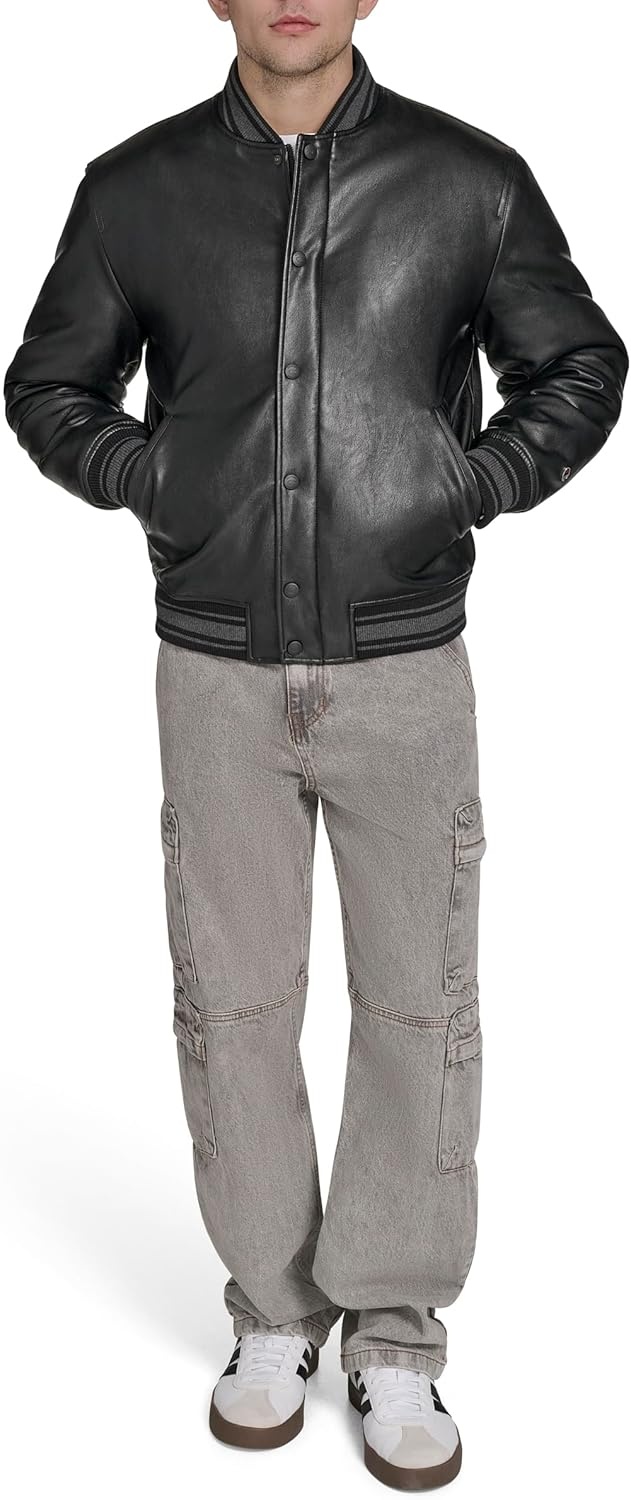 image:imageChampion Mens Letterman Varsity Bomber Jacket With PatchesBlack Faux Leather