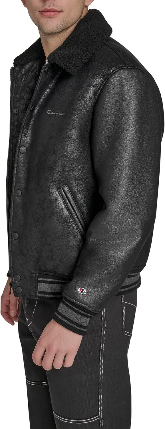 image:imageChampion Mens Letterman Varsity Bomber Jacket With PatchesBlack Faux Shearling