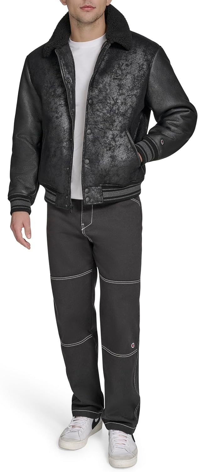 image:imageChampion Mens Letterman Varsity Bomber Jacket With PatchesBlack Faux Shearling