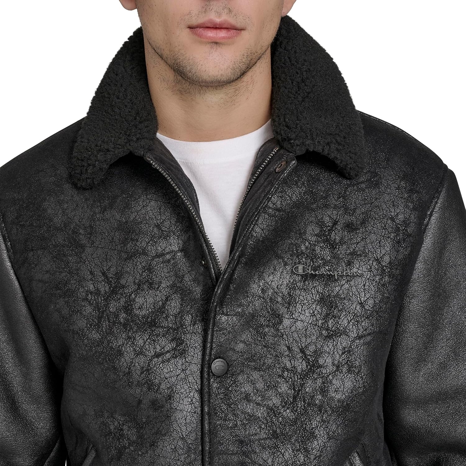 image:imageChampion Mens Letterman Varsity Bomber Jacket With PatchesBlack Faux Shearling