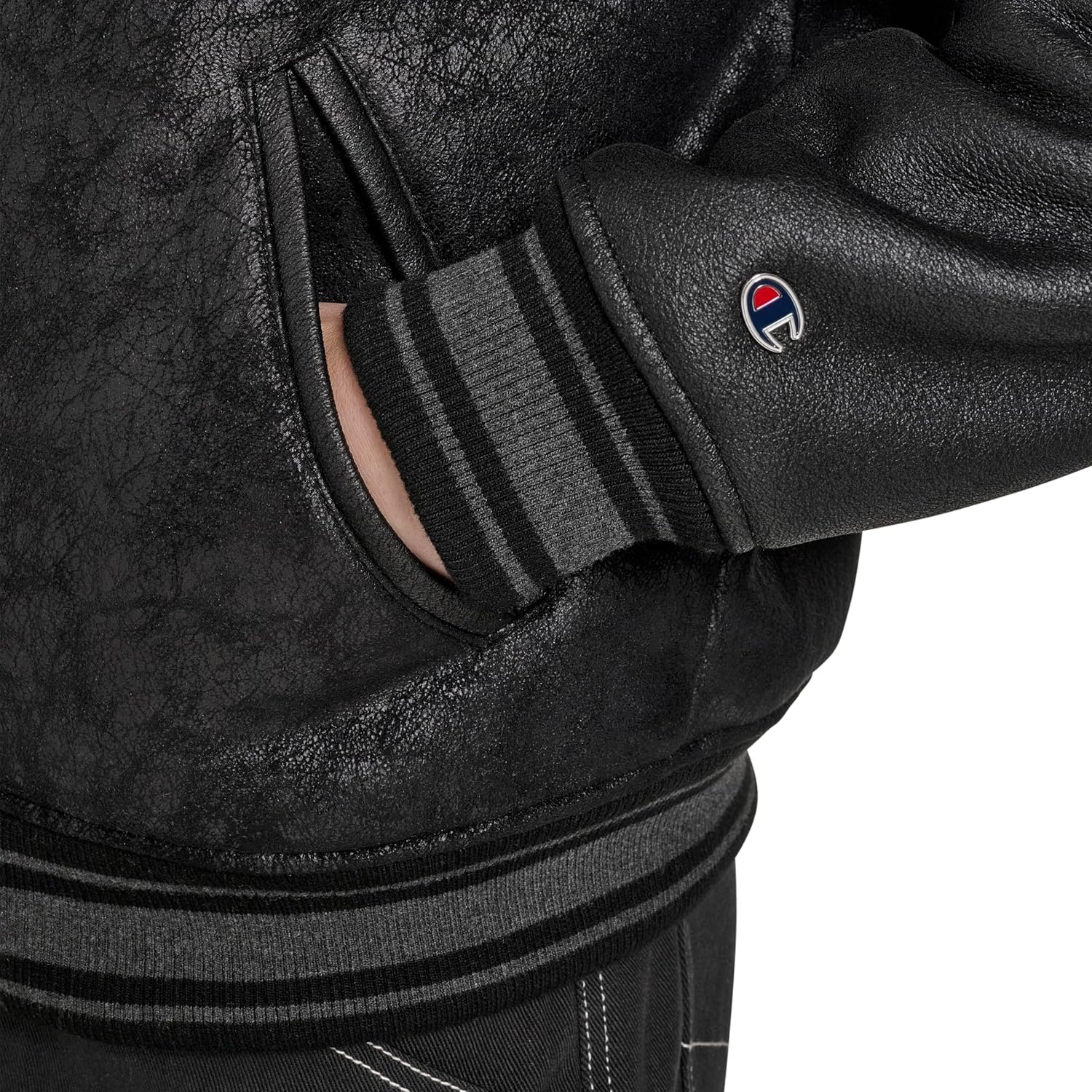 image:imageChampion Mens Letterman Varsity Bomber Jacket With PatchesBlack Faux Shearling