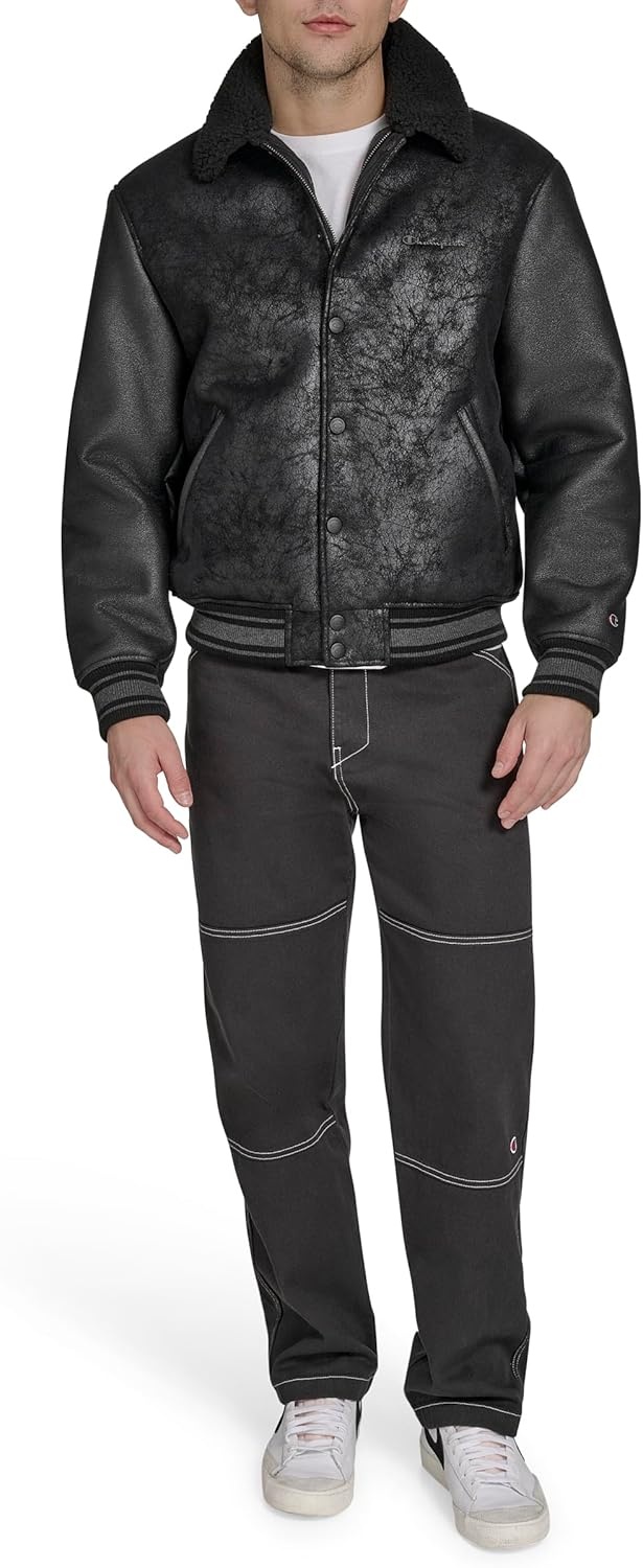image:imageChampion Mens Letterman Varsity Bomber Jacket With PatchesBlack Faux Shearling