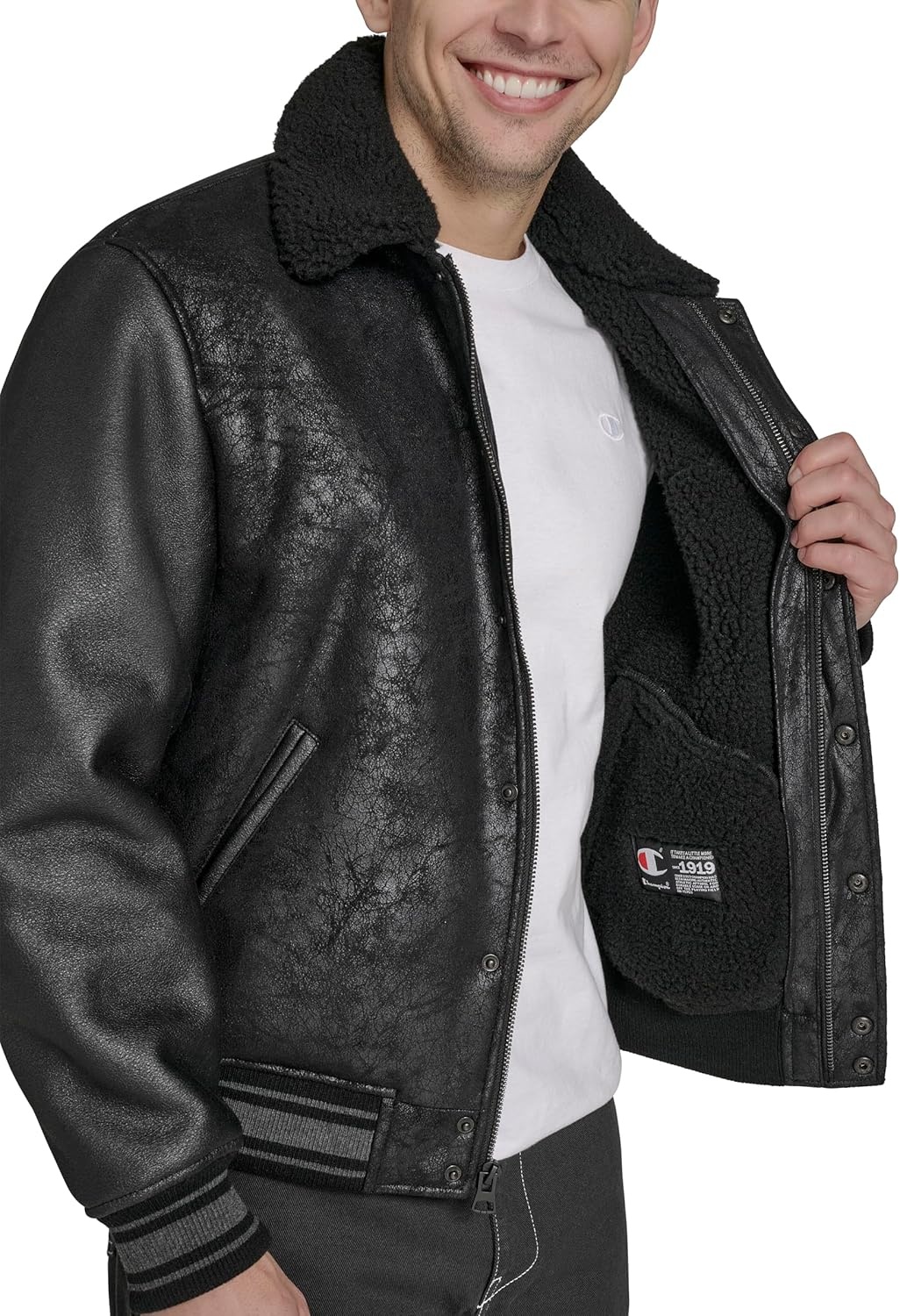 image:imageChampion Mens Letterman Varsity Bomber Jacket With PatchesBlack Faux Shearling