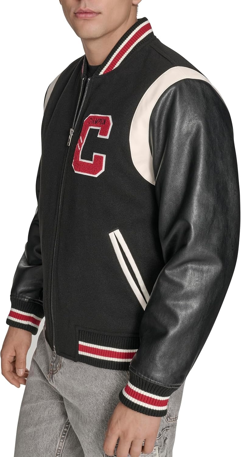 image:imageChampion Mens Letterman Varsity Bomber Jacket With PatchesBlackRed