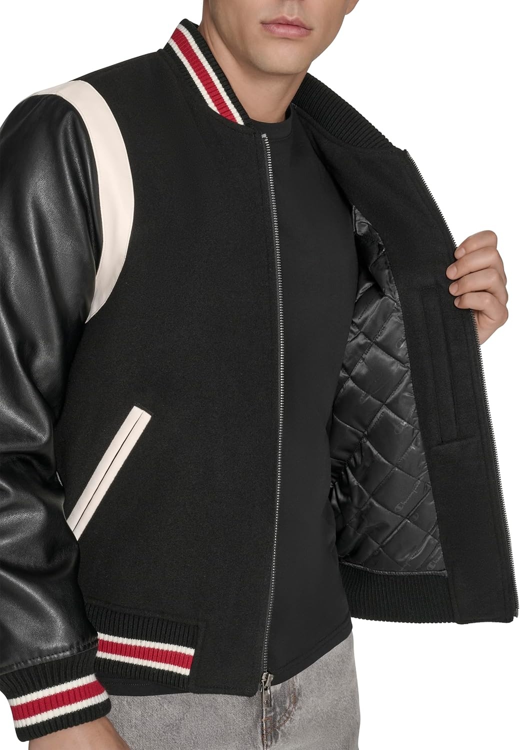 image:imageChampion Mens Letterman Varsity Bomber Jacket With PatchesBlackRed