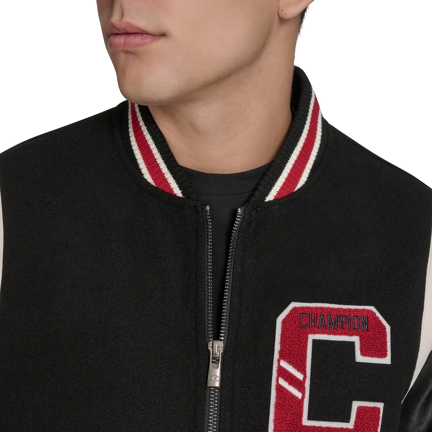 image:imageChampion Mens Letterman Varsity Bomber Jacket With PatchesBlackRed