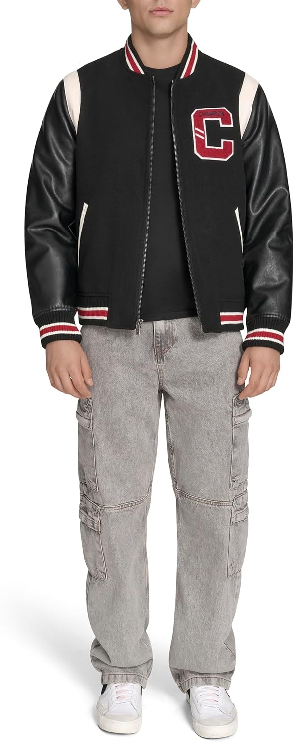 image:imageChampion Mens Letterman Varsity Bomber Jacket With PatchesBlackRed