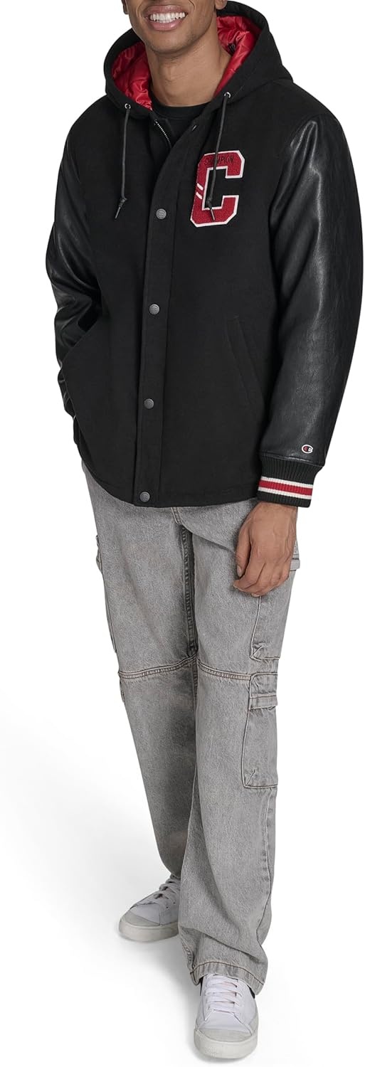 image:imageChampion Mens Letterman Varsity Bomber Jacket With PatchesBlackRed With Hood