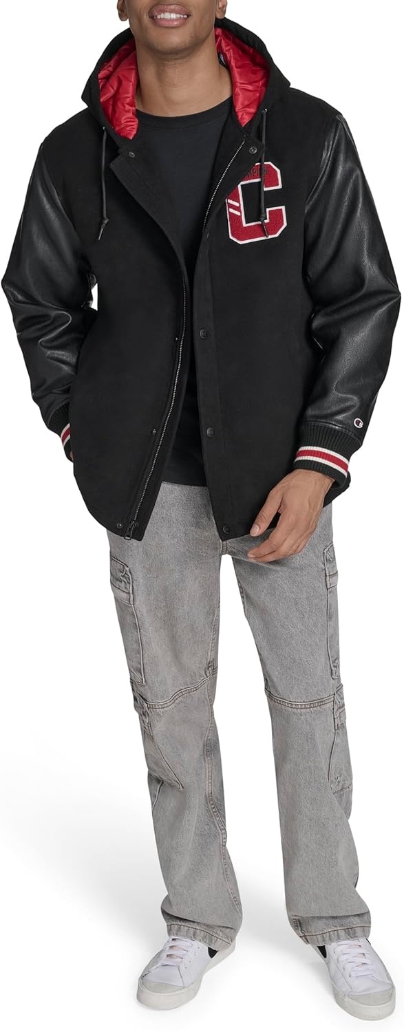 image:imageChampion Mens Letterman Varsity Bomber Jacket With PatchesBlackRed With Hood