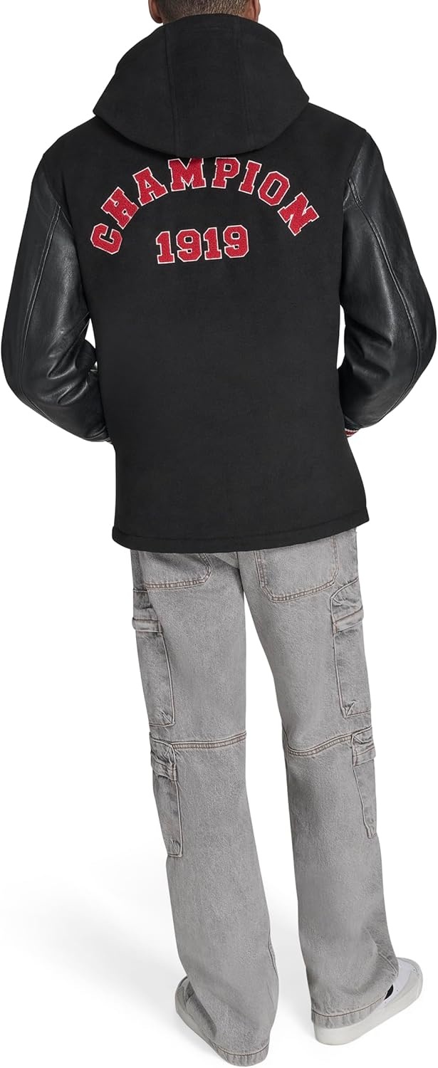image:imageChampion Mens Letterman Varsity Bomber Jacket With PatchesBlackRed With Hood