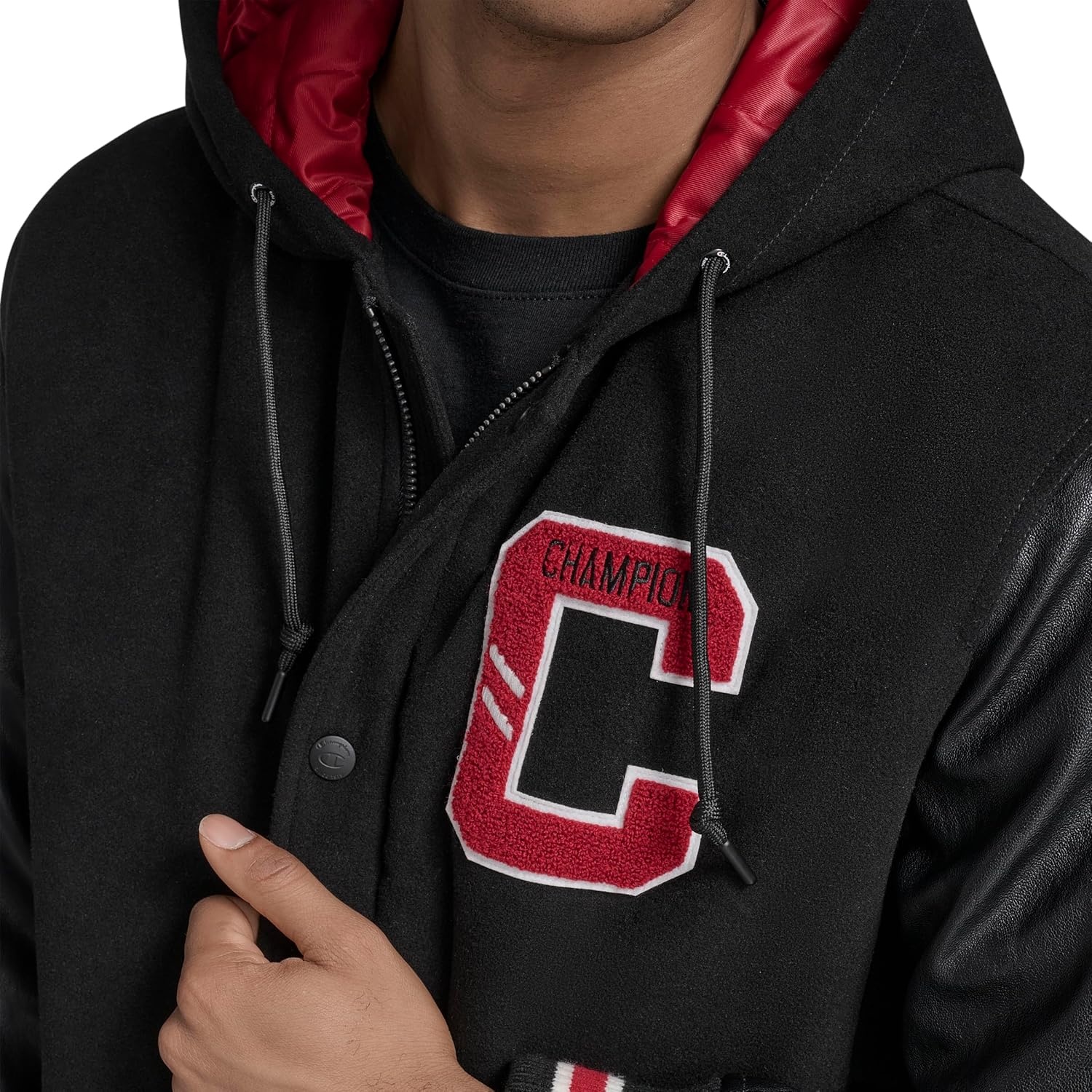 image:imageChampion Mens Letterman Varsity Bomber Jacket With PatchesBlackRed With Hood