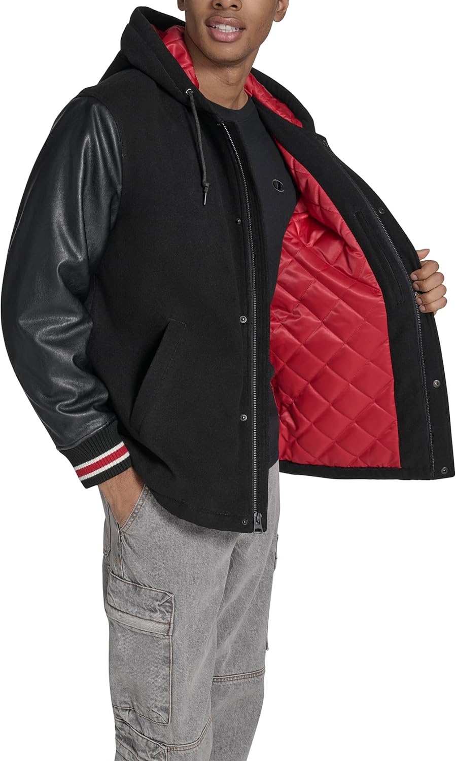 image:imageChampion Mens Letterman Varsity Bomber Jacket With PatchesBlackRed With Hood