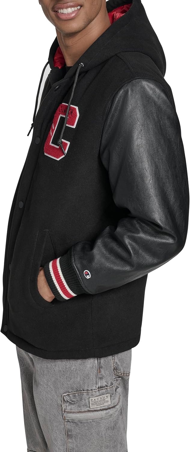 image:imageChampion Mens Letterman Varsity Bomber Jacket With PatchesBlackRed With Hood