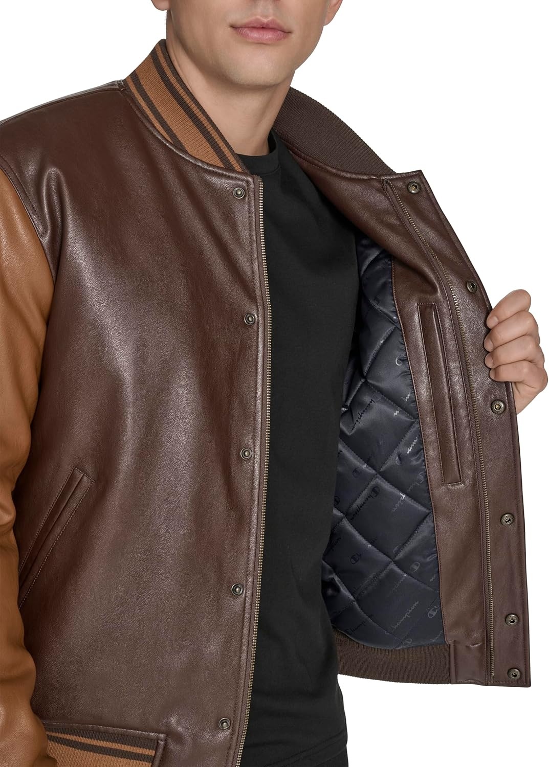 image:imageChampion Mens Letterman Varsity Bomber Jacket With PatchesBrown Faux Leather