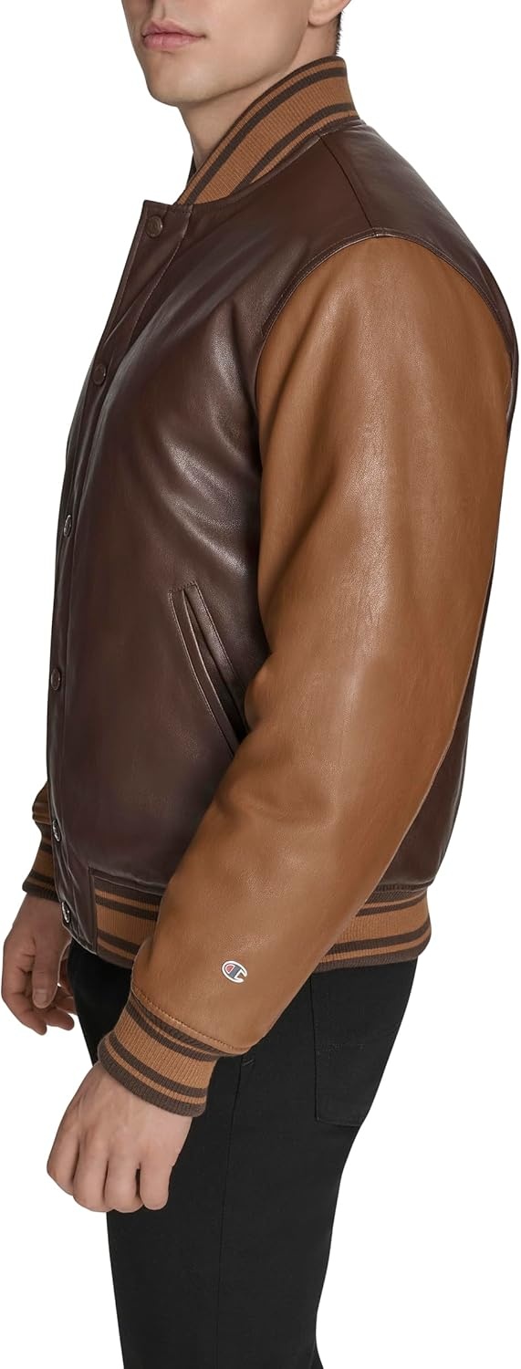 image:imageChampion Mens Letterman Varsity Bomber Jacket With PatchesBrown Faux Leather