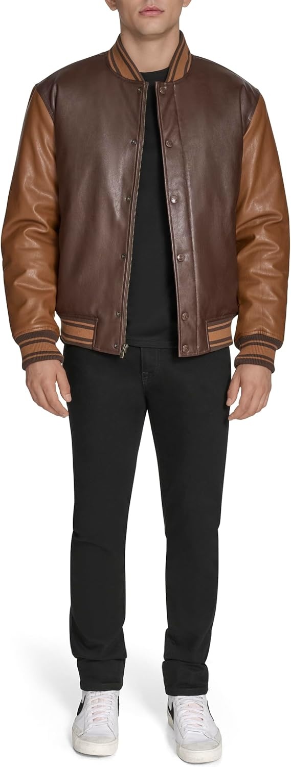 image:imageChampion Mens Letterman Varsity Bomber Jacket With PatchesBrown Faux Leather