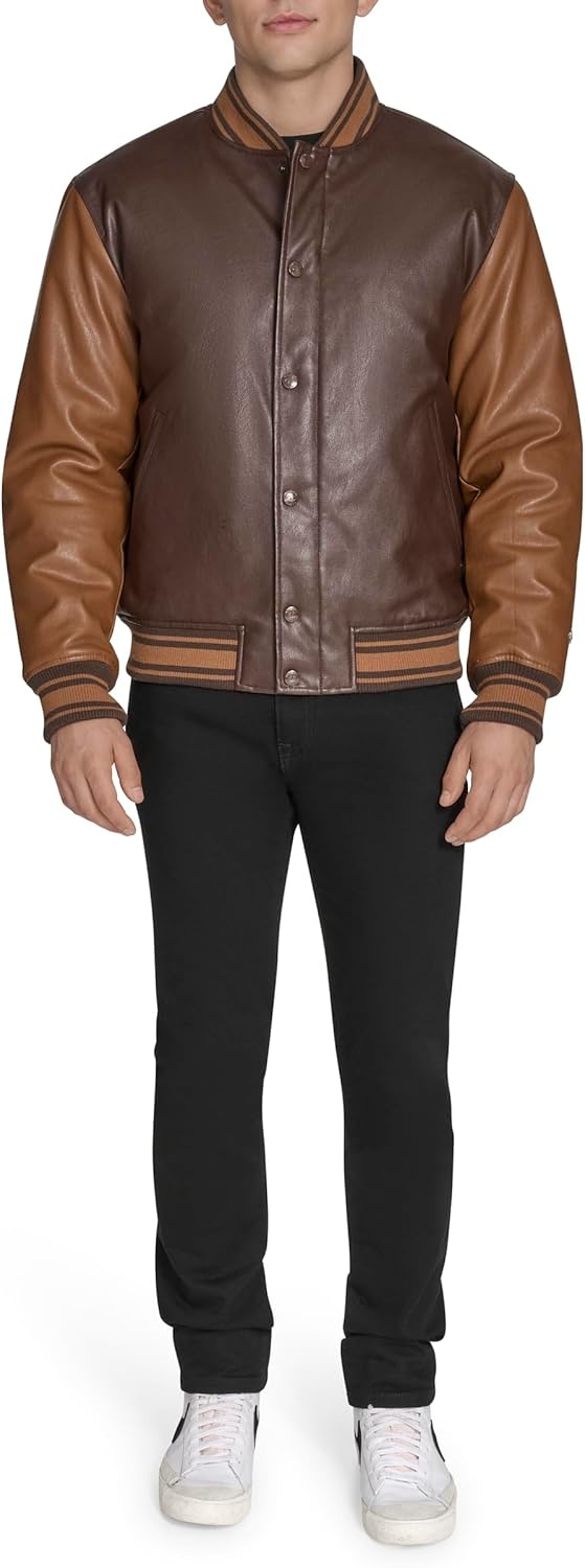 image:imageChampion Mens Letterman Varsity Bomber Jacket With PatchesBrown Faux Leather