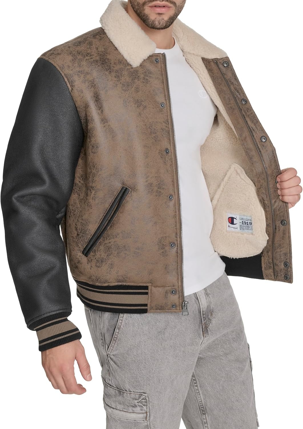 image:imageChampion Mens Letterman Varsity Bomber Jacket With PatchesBrown Faux Shearling