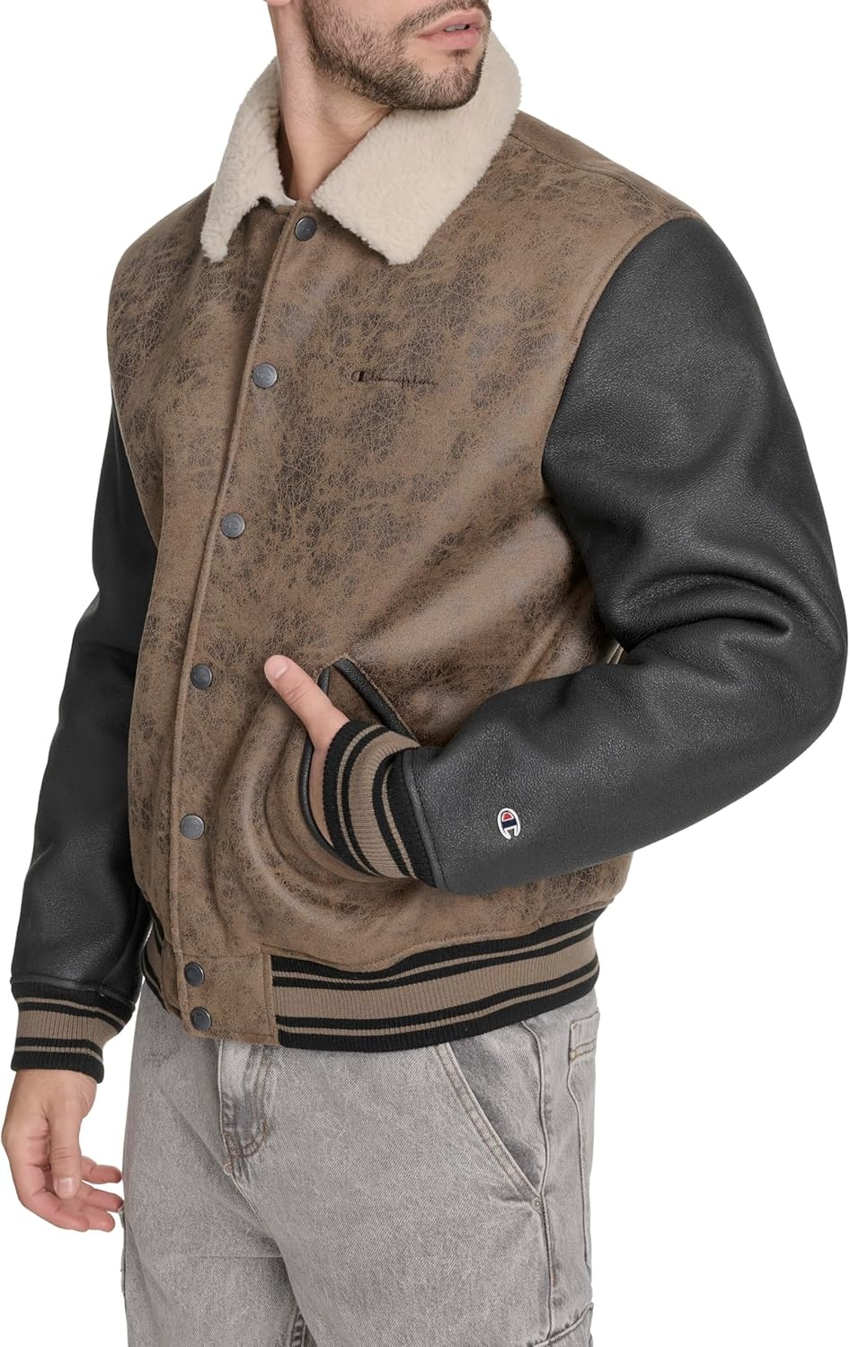 image:imageChampion Mens Letterman Varsity Bomber Jacket With PatchesBrown Faux Shearling