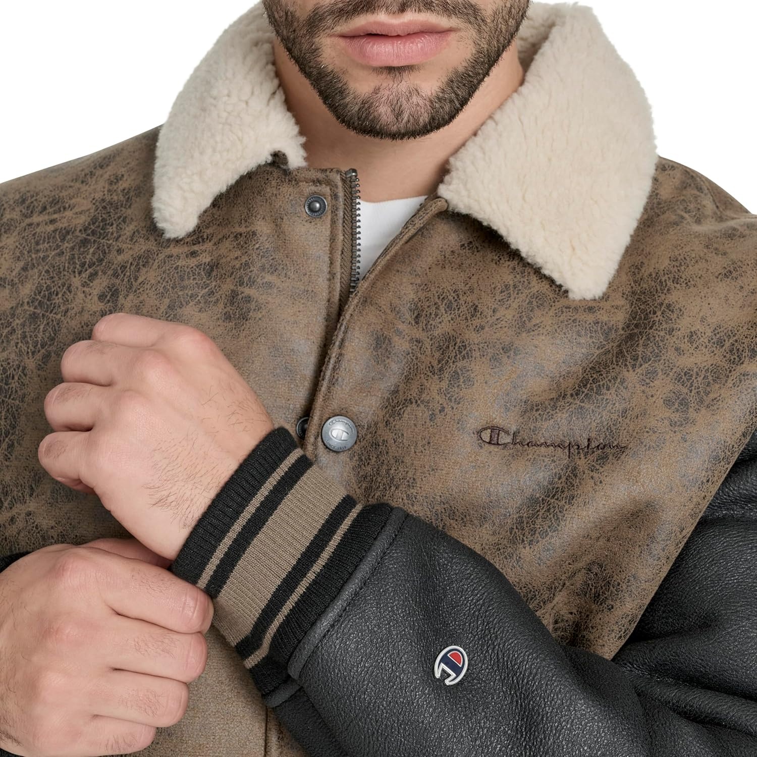 image:imageChampion Mens Letterman Varsity Bomber Jacket With PatchesBrown Faux Shearling