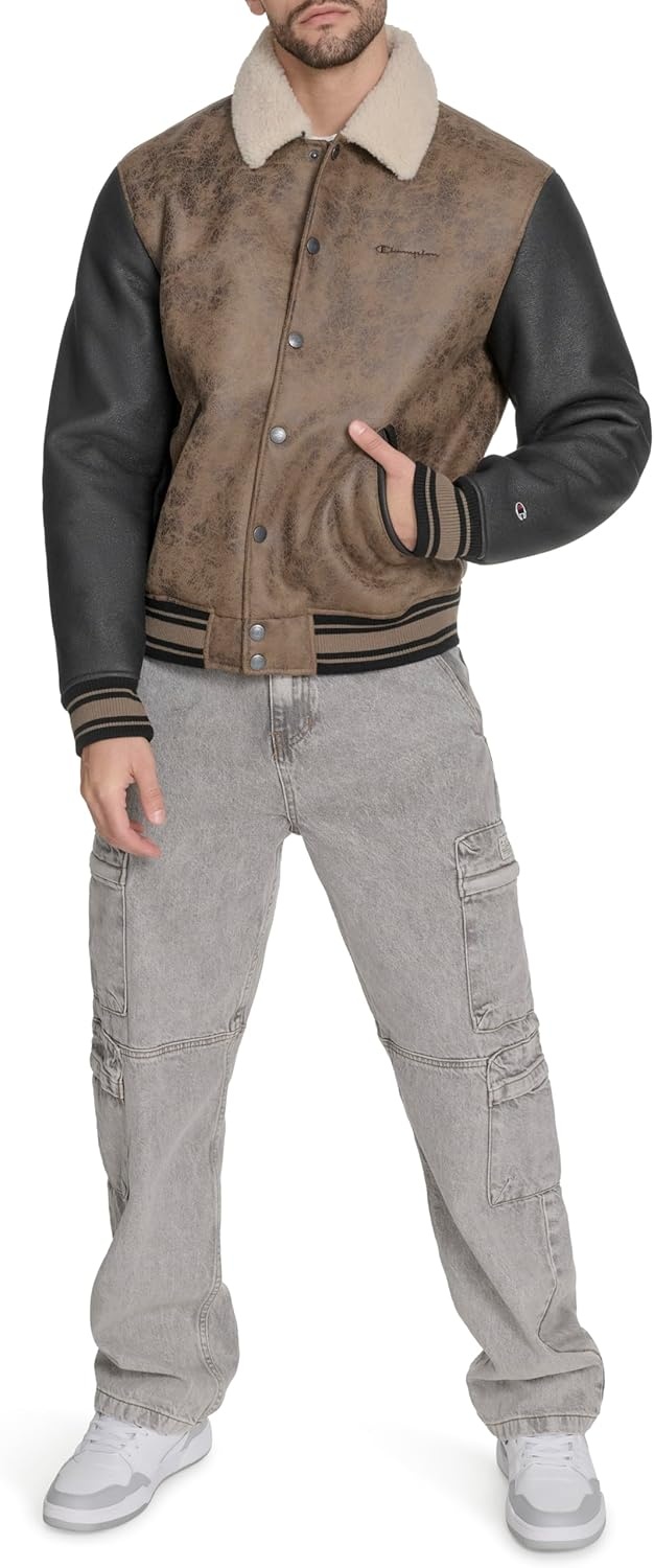 image:imageChampion Mens Letterman Varsity Bomber Jacket With PatchesBrown Faux Shearling