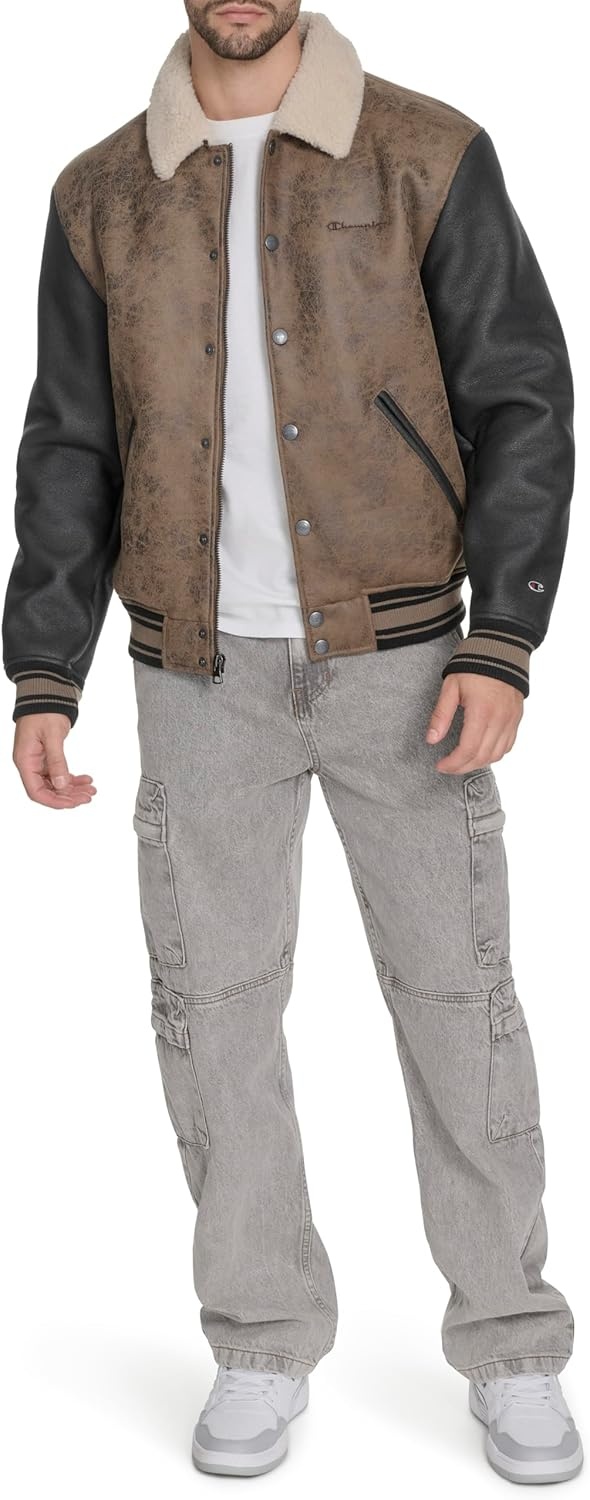 image:imageChampion Mens Letterman Varsity Bomber Jacket With PatchesBrown Faux Shearling