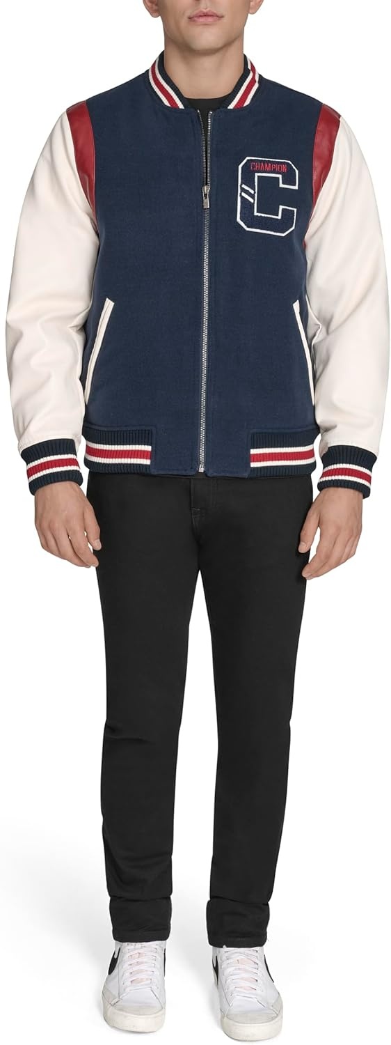 image:imageChampion Mens Letterman Varsity Bomber Jacket With PatchesNavyIvory