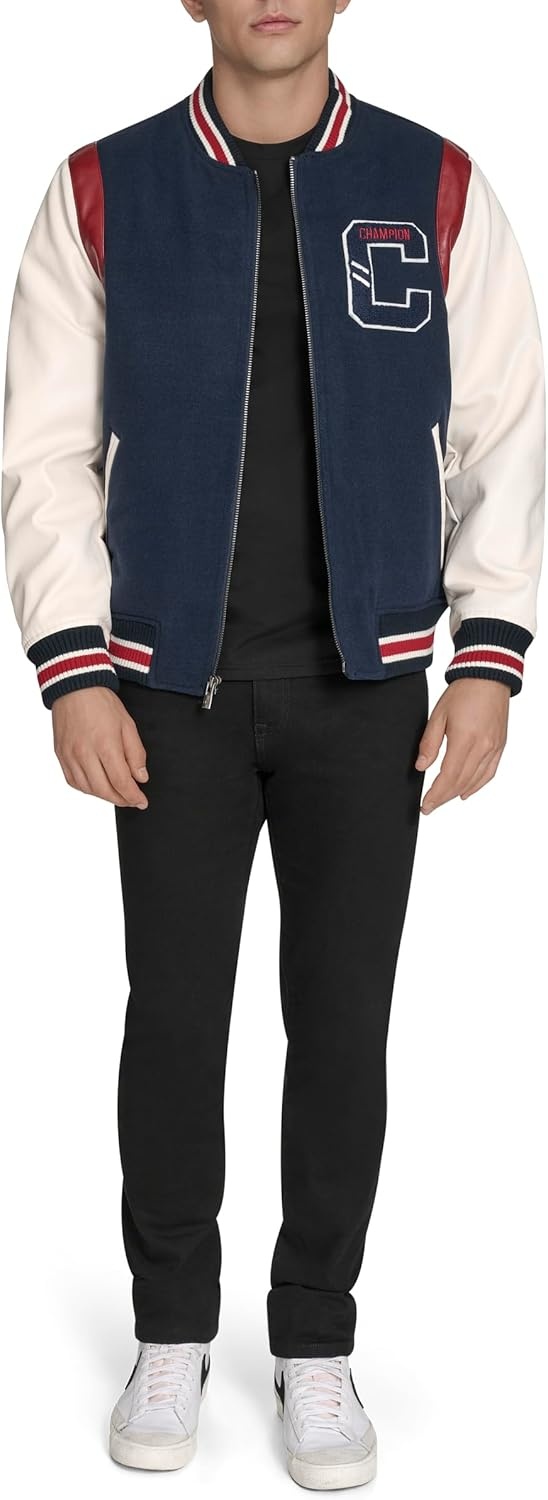 image:imageChampion Mens Letterman Varsity Bomber Jacket With PatchesNavyIvory