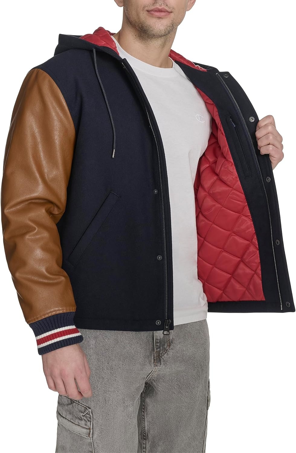 image:imageChampion Mens Letterman Varsity Bomber Jacket With PatchesNavyMustard With Hood