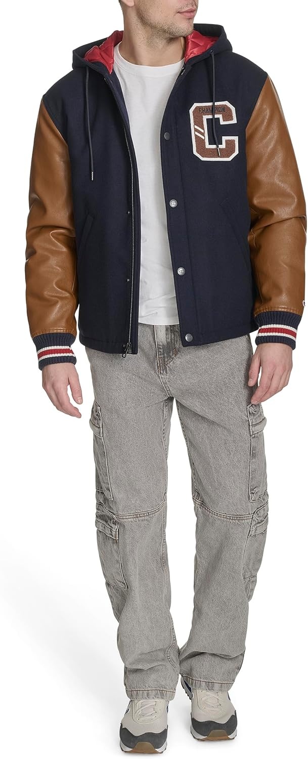 image:imageChampion Mens Letterman Varsity Bomber Jacket With PatchesNavyMustard With Hood
