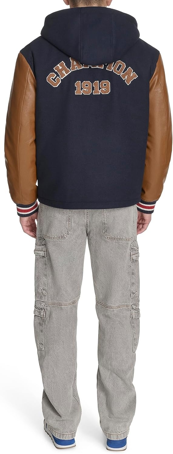 image:imageChampion Mens Letterman Varsity Bomber Jacket With PatchesNavyMustard With Hood