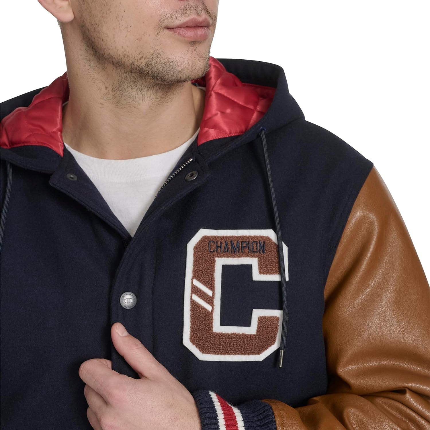 image:imageChampion Mens Letterman Varsity Bomber Jacket With PatchesNavyMustard With Hood