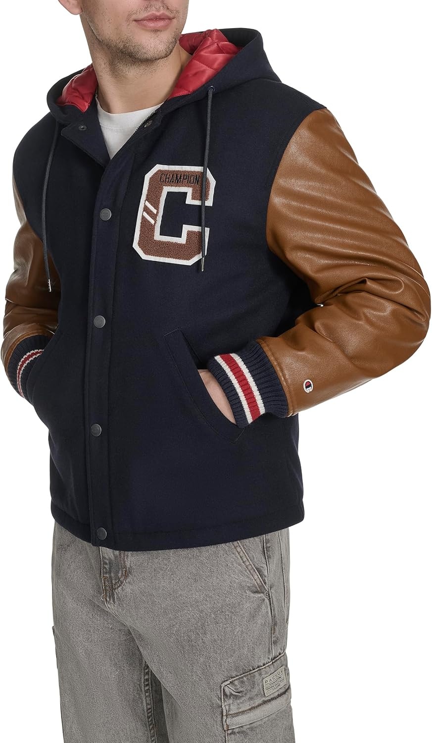 image:imageChampion Mens Letterman Varsity Bomber Jacket With PatchesNavyMustard With Hood