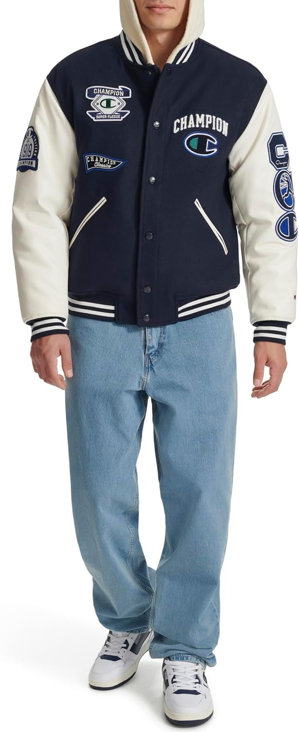 image:imageChampion Mens Letterman Varsity Bomber Jacket With PatchesNavyWhite